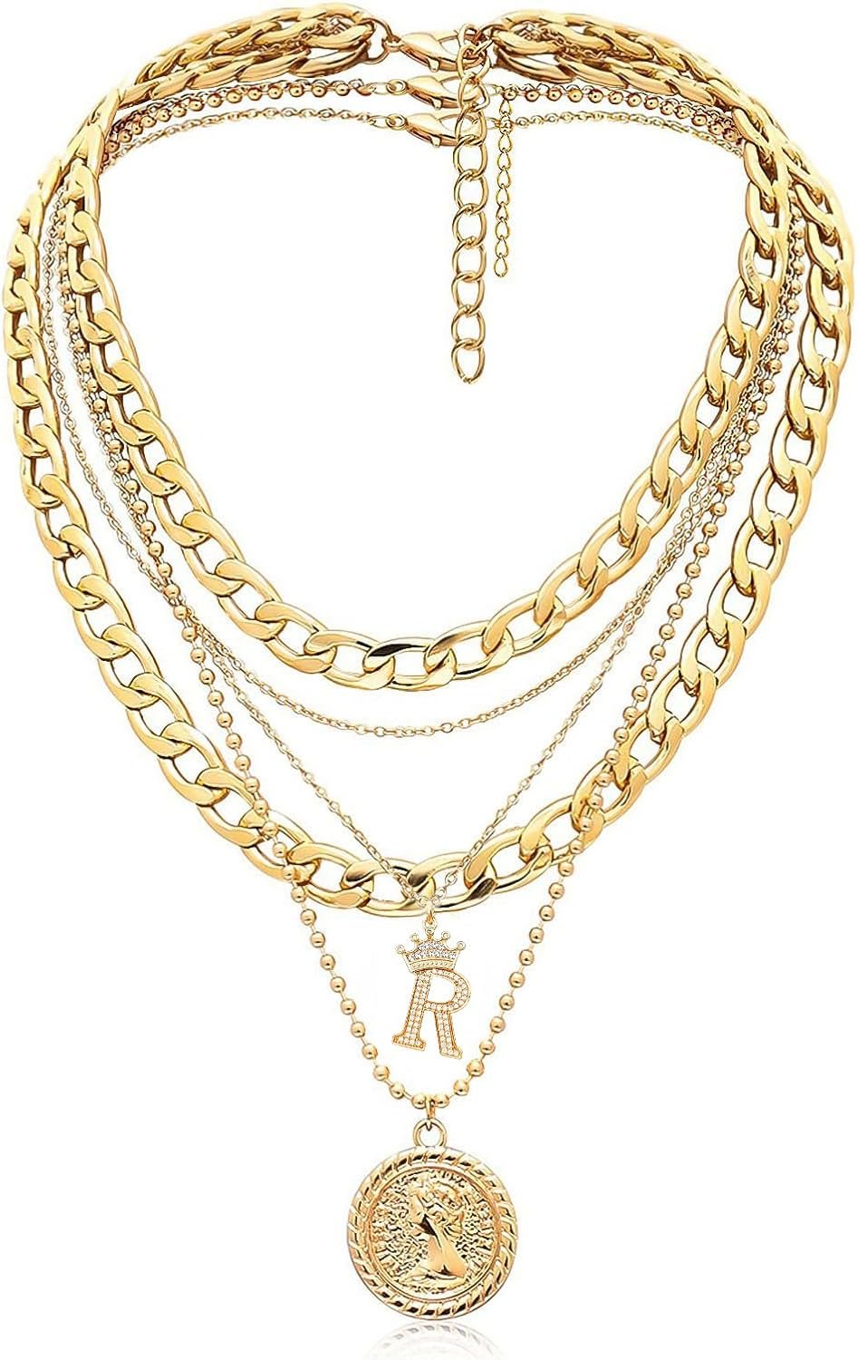 MJartoria Layered Necklaces for Women Trendy Retro Coin Crown Letter Pendant Necklace Dainty Chunky Chain Choker Necklaces for Jewelry Birthday Gifts