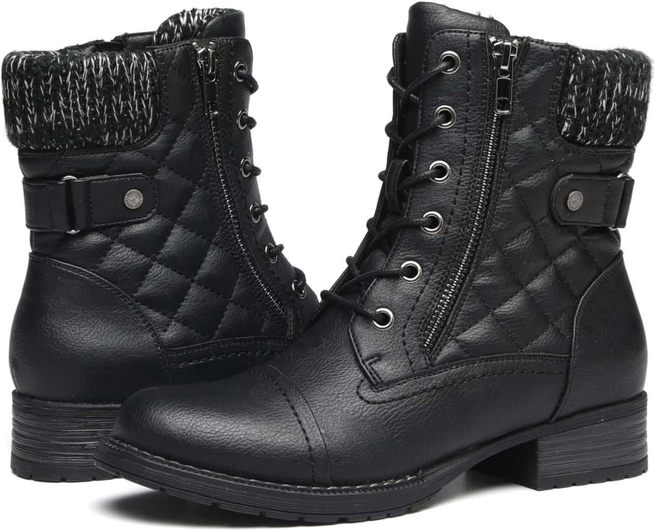 DECARSDZ Women’s Fashion Black Ankle Boots Combat Motorcycle Lace Up Booties