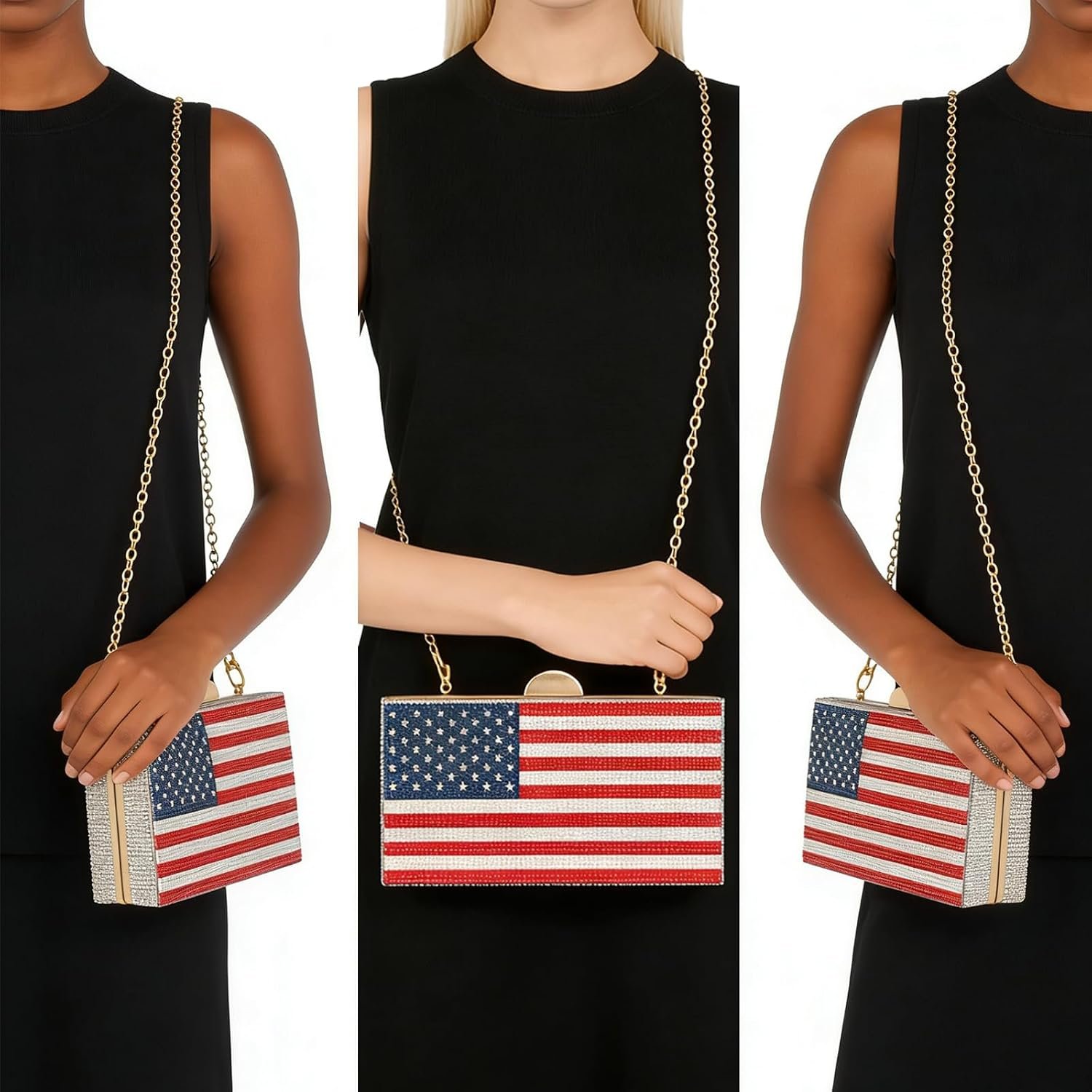 Women’s American Flag Rhinestone Crossbody Evening Purse – Patriotic Red White Blue Clutch Bag for National Celebrations Evening Bag Flag Purse