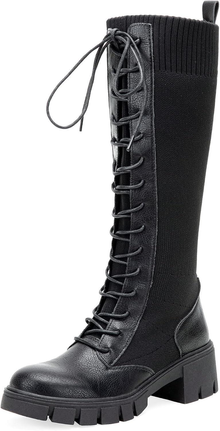 Jeossy Women’s Knee High Combat 9603 Boots, Tall Platform Chunky Heel Boots Wide Claf