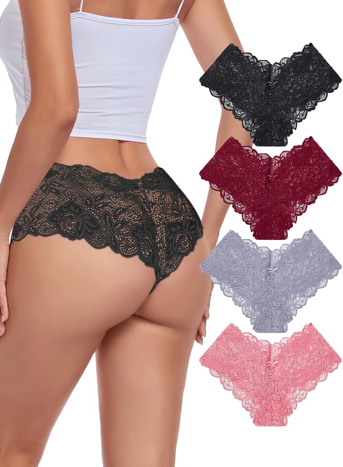 ADOREJOY 4 Pack Underwear for Women Lace Panties V Waist Boyshorts Cheeky Shorts 2026