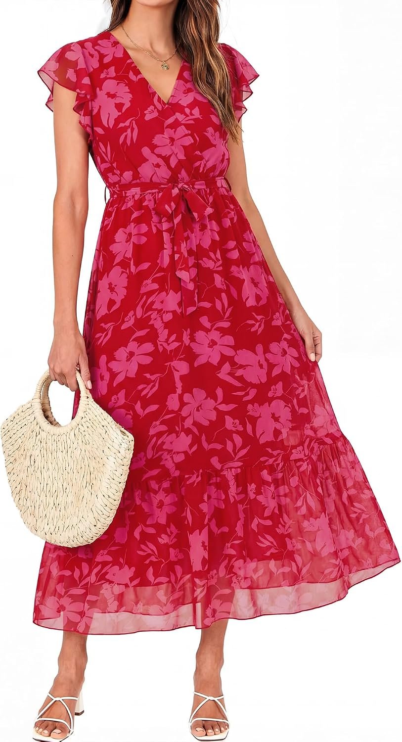 BTFBM Women Summer Bohemian Floral Casual Wrap V Neck Ruffle Cap Sleeveless Belt A-Line Pleated Hem Midi Sun Dress White