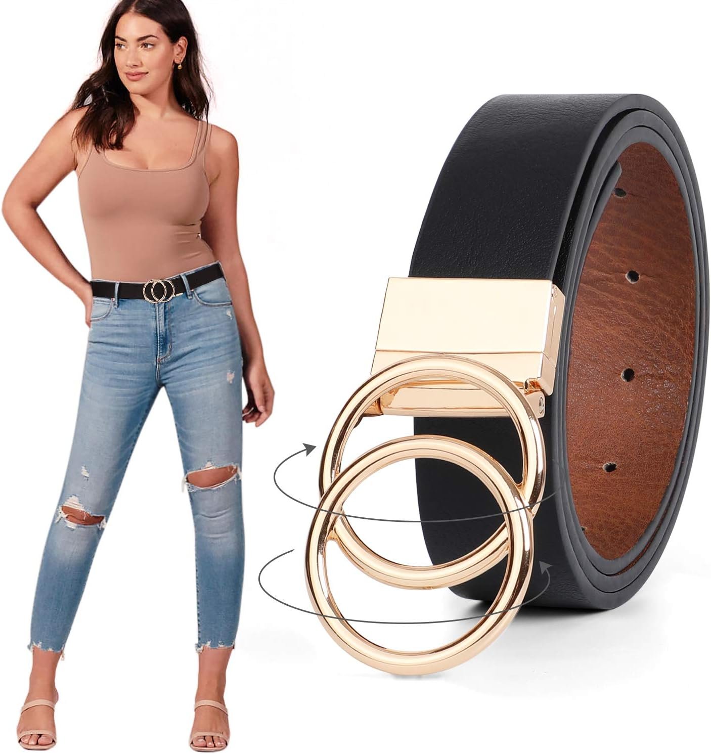 JASGOOD Women Leather Belt,Reversible Belt,Leather Waist Belt for Jeans Dress with Gold Double O Ring Rotate Buckle