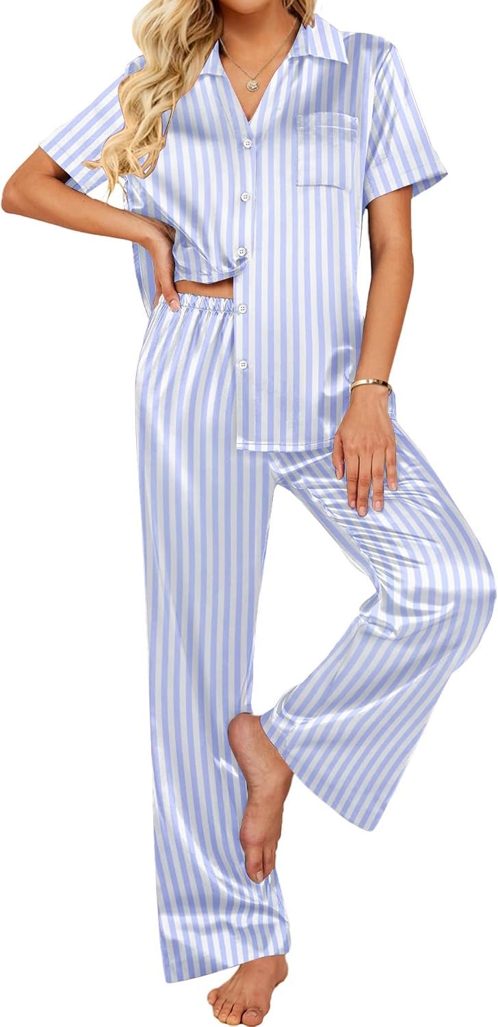 Ekouaer Silk Pajamas for Womens Set 2 Piece Satin Pjs Soft Button Down Sleepwear Wide Leg Long Pants with Pockets