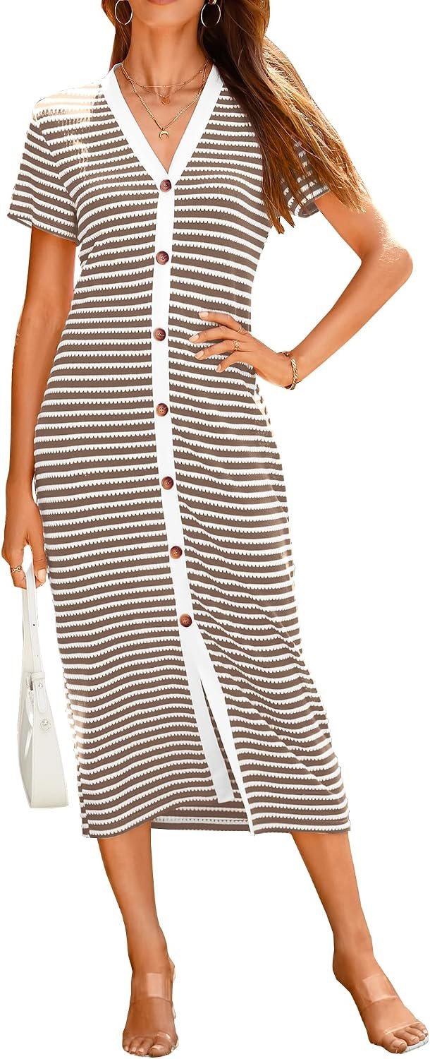 BTFBM Women Casual Summer Dresses Short Sleeve Striped Midi Dresses Decorative Button Ribbed Knit Dresses Party Dresses