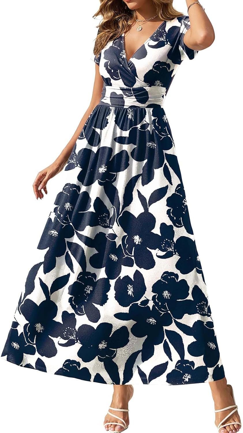 Gracyoga Women’s Summer Dresses 2026 Short Sleeve Maxi Dress Casual V Neck Flowy Sundress with Pockets