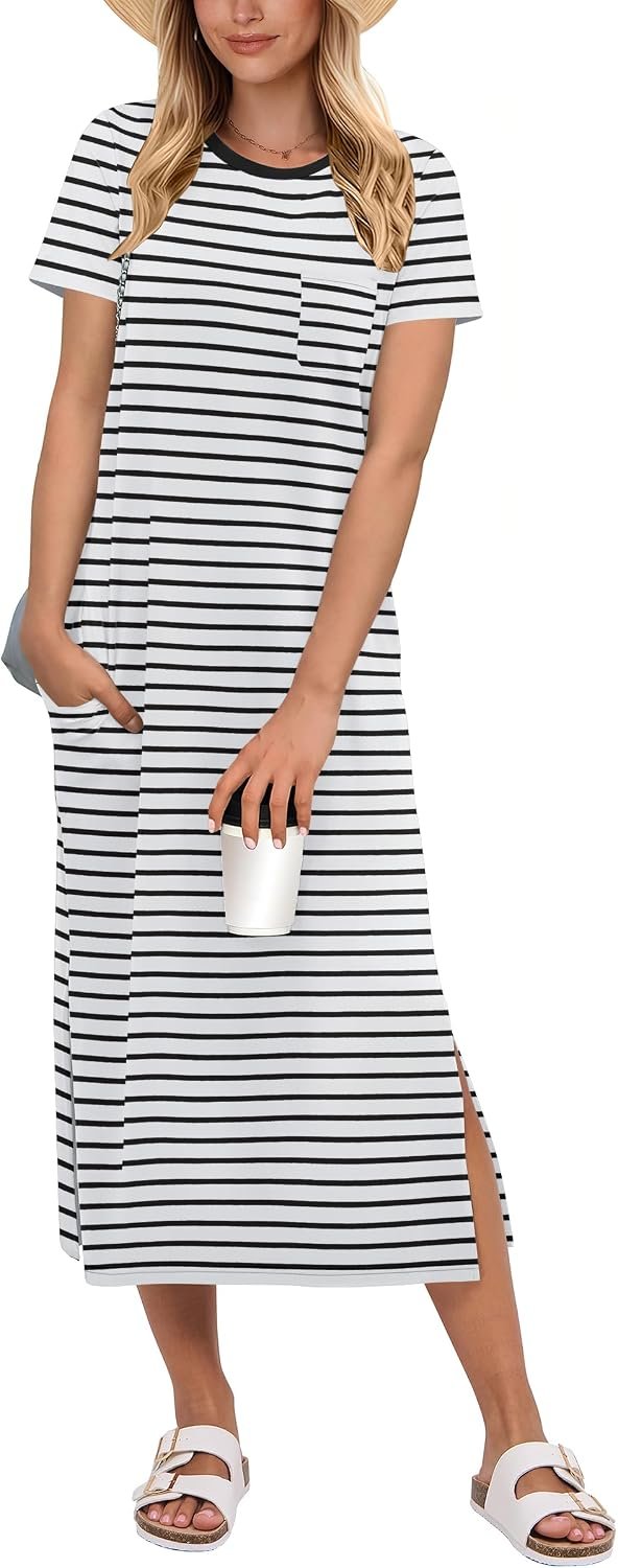 ANRABESS Womens Midi Dress,Summer Long Tshirts Dresses,Short Sleeve Split Stripe,Comfy Travel Beach Vacation Casual Wear