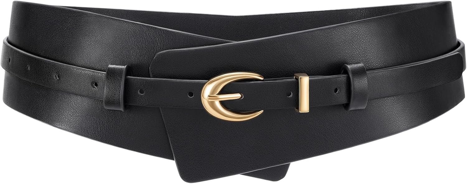 WHIPPY Women Wide Leather Belt Fashion Ladies Dress Belt 2-in-1 Waistband with Skinny Belt for Dress Suits