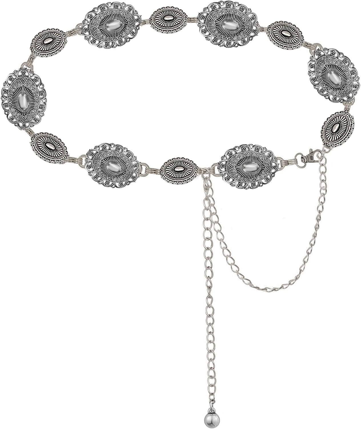WAYLIT Western-Concho-Belt-Women Cowgirl-Metal-Belts Boho Silver Vintage Turquoise Chain Belt for Dress Jeans