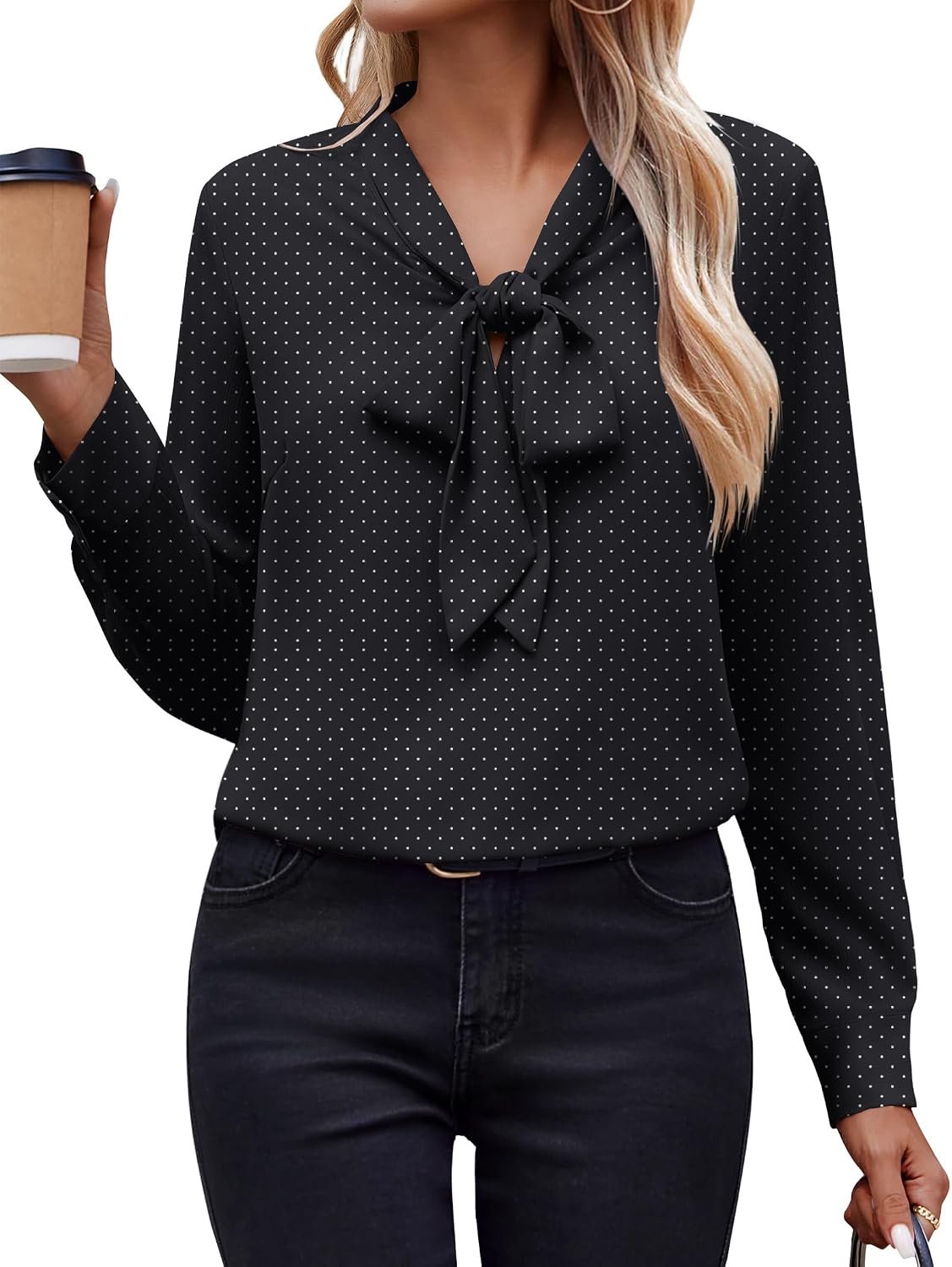 Zeagoo Womens Blouses Chiffon Long Sleeve Shirts Bow Tie Neck Work Tops Business Casual Outfits