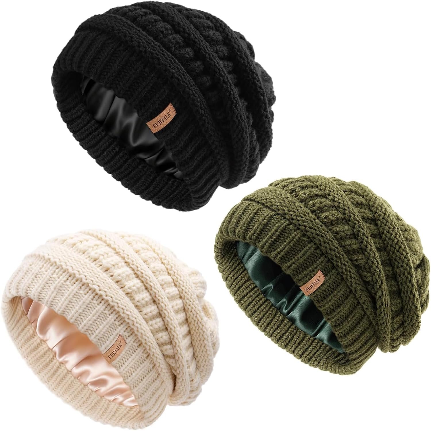 FURTALK Womes Slouchy Winter Beanie Knit Hat Satin Lined 3 Pack Thick Warm Fashionable Skull Cap