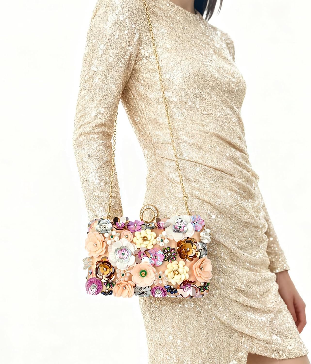 Women’s Floral Evening Handbags Colorful Rhinestone Flower Clutch Purses Floral Bride Wedding Handbag Long Chain Shoulder Bag