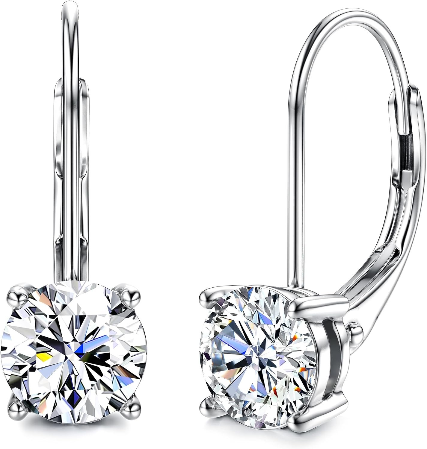 Moissanite Earrings,1.0ct-2.0ct D Color Brilliant Round Cut Earring 18K White Gold Plated Sterling Silver Dangle Earrings Moissanite Leverback Drop Earring s