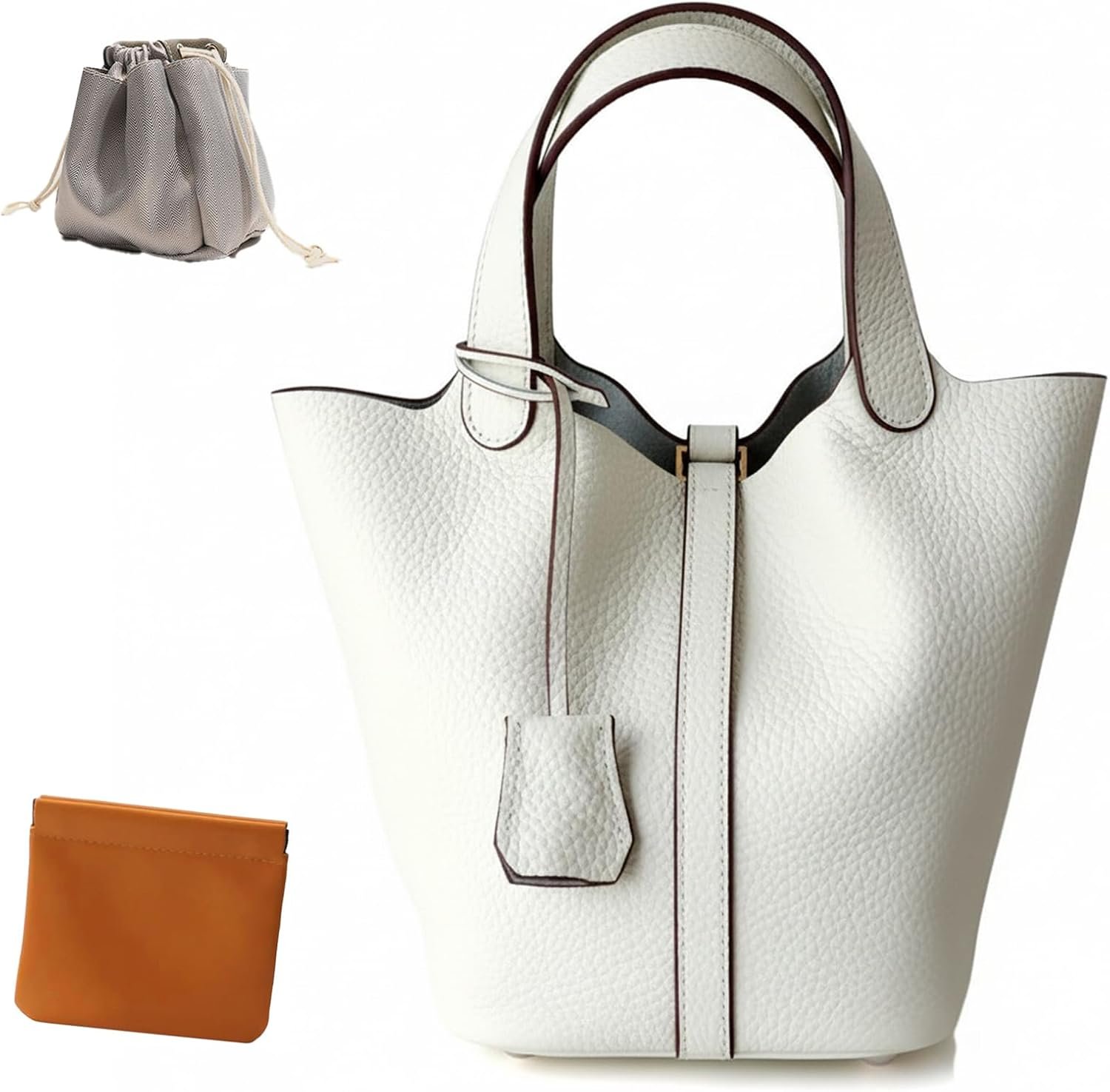 Genuine Leather Lock Design Bucket Bag Vegetable Basket, Fashionable and Versatile Satchel Handbag