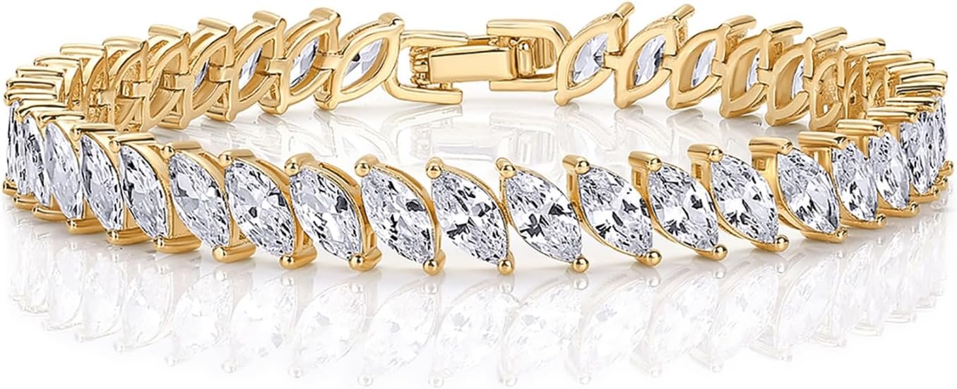 PAVOI 14K Gold Plated Marquise Cut Tennis Bracelet for Women – Cubic Zirconia Gold Tennis Bracelets for Women – Delicate Marquise CZ Bridal Jewelry for Wedding