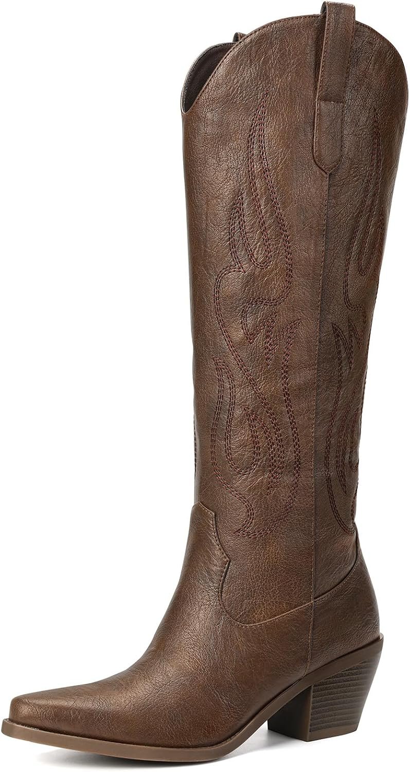 Pasuot Western Cowboy Boots for Women – Knee High Wide Calf Cowgirl Boots, Slip On Pointed Toe Chunky Heel Fashion Retro Classic Pull On Tall Boot for ladies Party concert