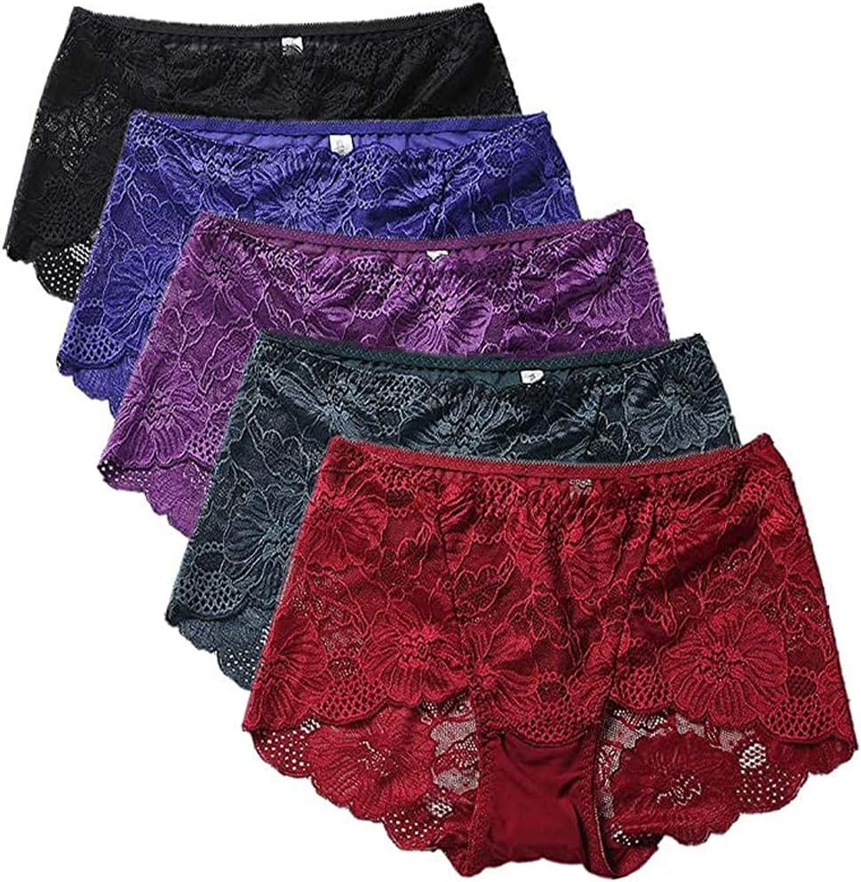 PHOLEEY Womens Sexy Underwear Lace Panties High Waisted Plus Size Ladies Brief for Women 5-Pack