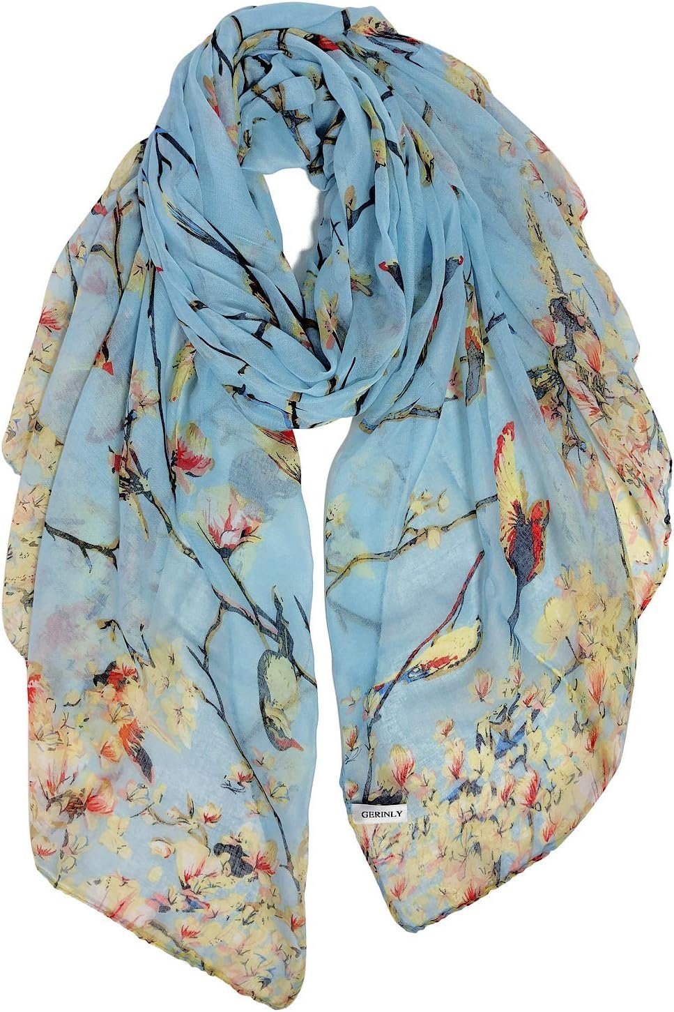 GERINLY Scarfs for Women Lightweight Floral Birds Print Cotton Scarves and Wraps for Summer Shawl Boho Scarf Travel