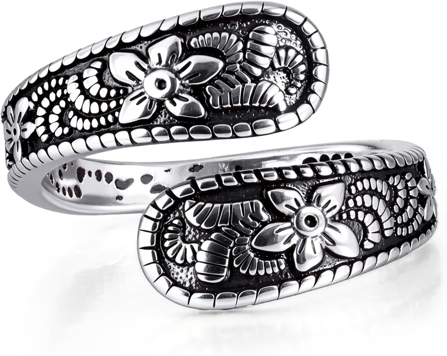 Vintage 14K Gold Plated and Silver Spoon Ring – Adjustable Ring with Carving Design for Women, Unique Boho Open Ring for Gift