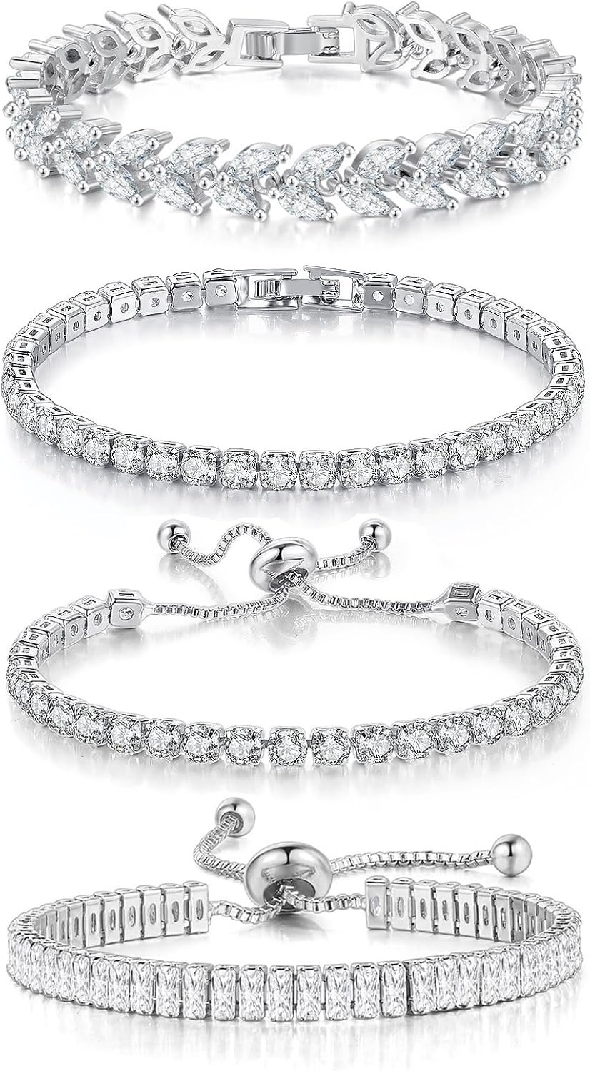 4 Pcs Tennis Bracelet Set Silver Plated Marquise Cubic Zirconia CZ Diamond Dainty Adjustable Silver Bracelets for Women Brides Stackable Fashion Jewelry Wedding Prom Gift