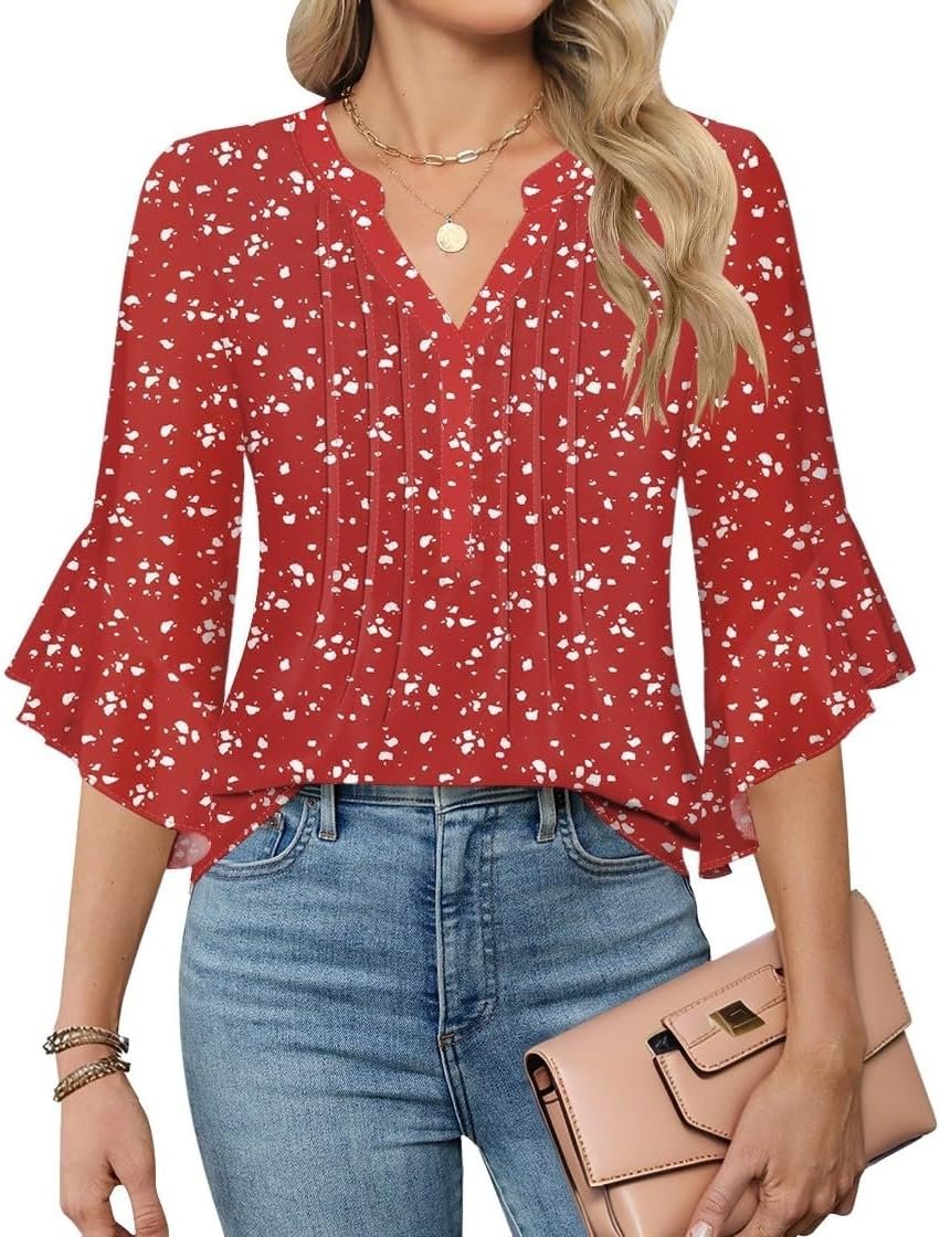 AKEWEI 3/4 Length Sleeve Womens Tops Double Layered Dressy Casual Business Work Blouses V Neck Office Tunic Shirts