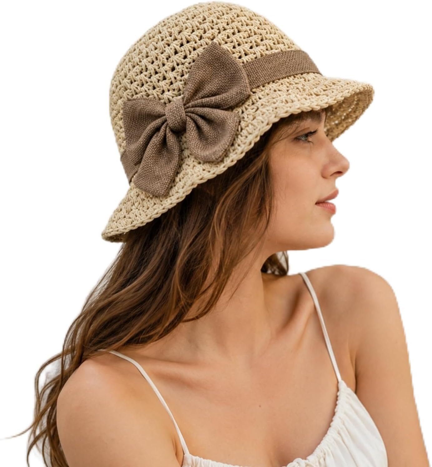 Retro Straw Hat with Ruffled Bow, Women Handmade Straw Bucket Sun Hat for Summer, Foldable Brim Cap for Beach Travel Daily