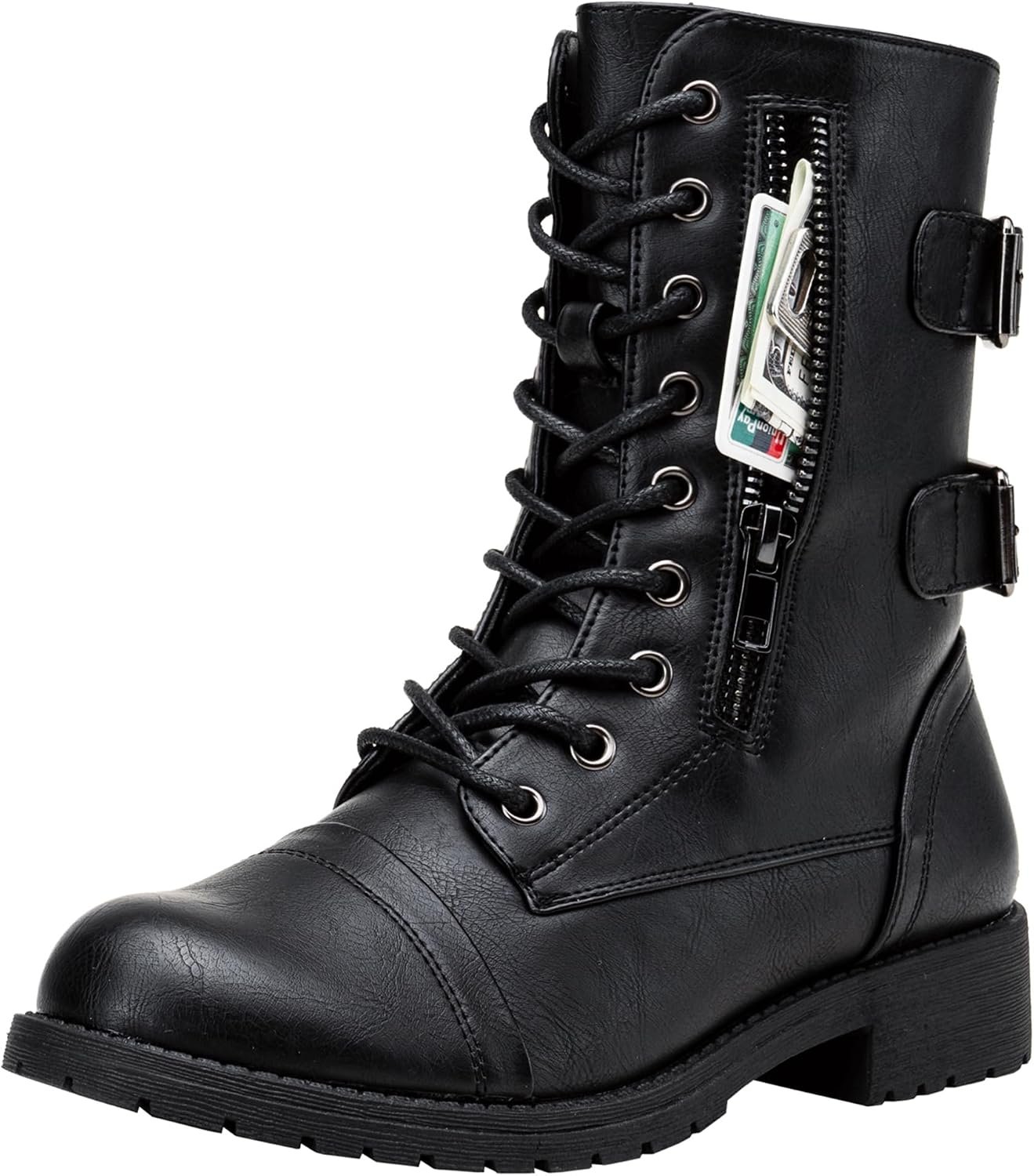 Vepose Women’s Combat Boots Low Heel, Mid Calf Military Boots with Card Knife Wallet Pocket