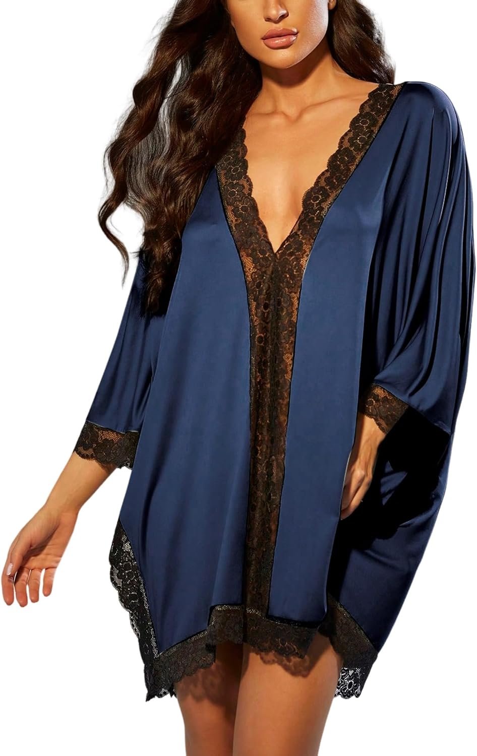 ZAFUL Nightgowns for Women Sexy Deep V Neck Lace Trim Pajama Nightdress Batwing Sleeve Pullovers Sleepwear
