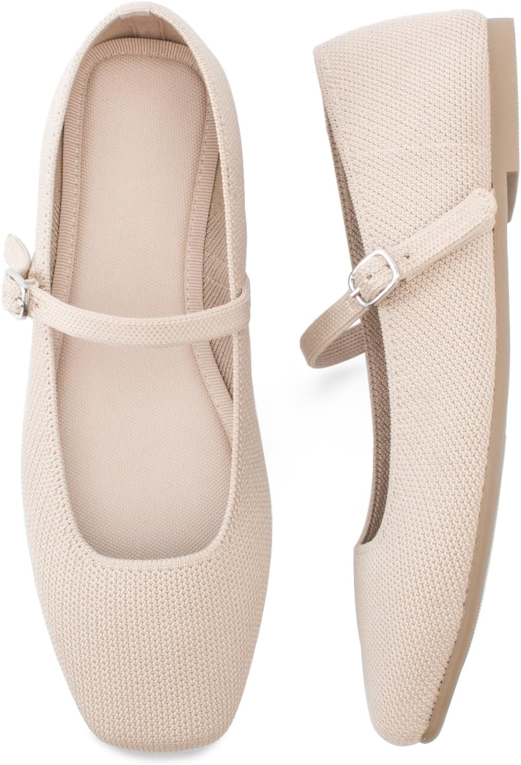 Soesyi Knit Flats for Women Square Toe Flats Casual Ballet Flats with Ankle Strap,Mary Jane Shoes Women Comfortable for Dressy Office