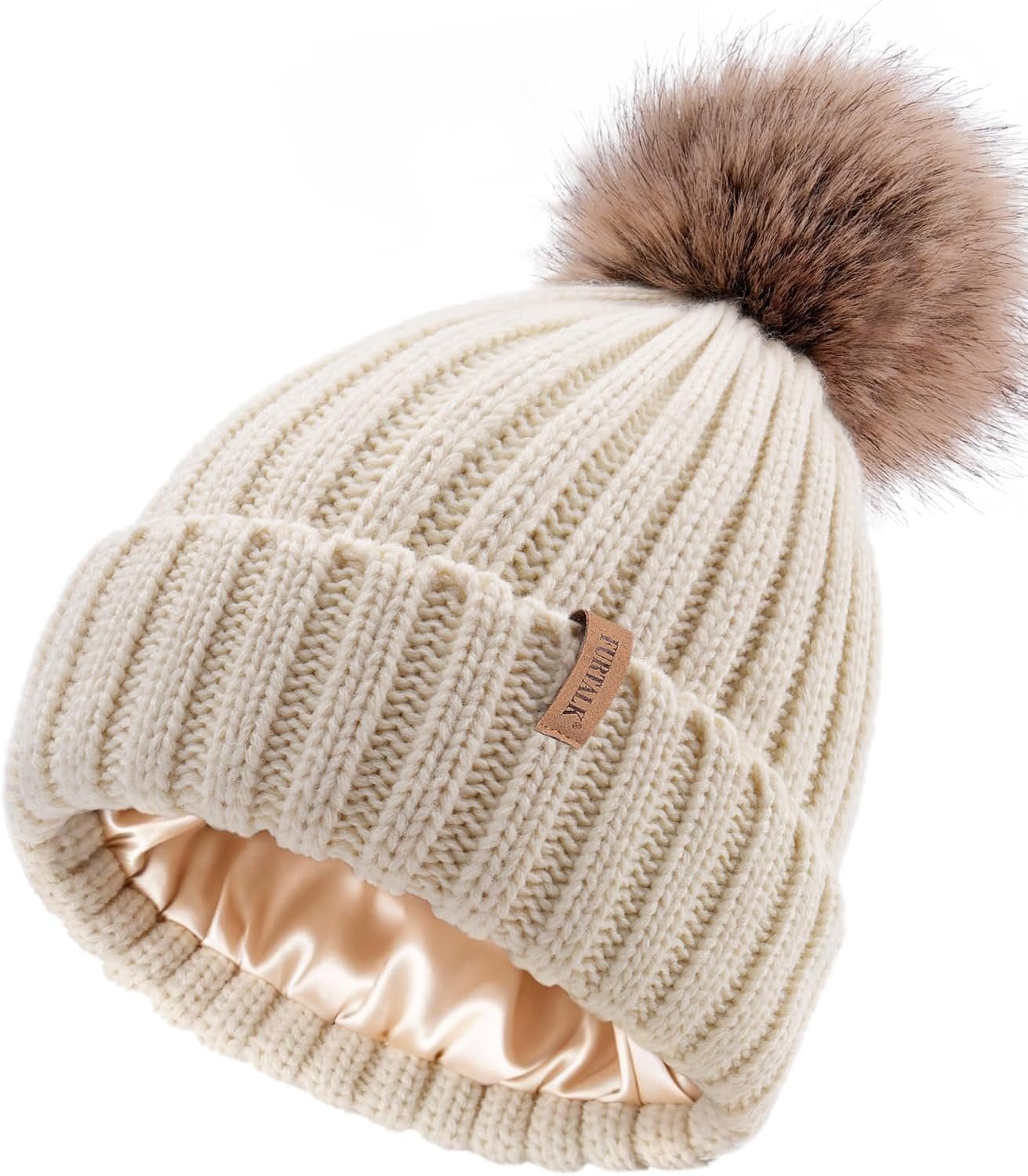 FURTALK Womens Winter Beanie Hat Satin Lined Faux Fur Pom Pom Beanies Hat for Women Winter Warm Knit Hats