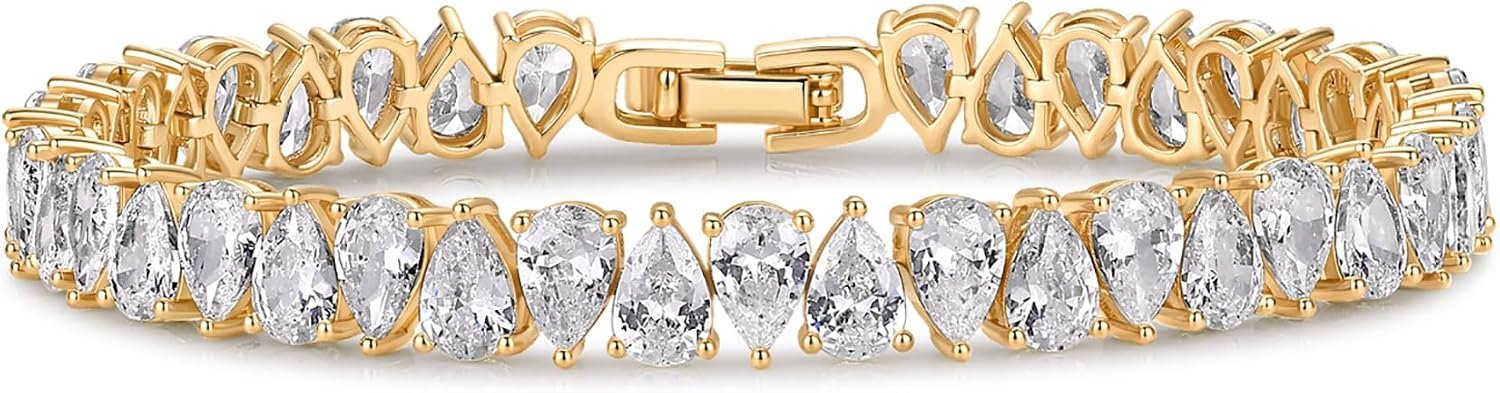 PAVOI 14K Gold Plated Tennis Bracelets for Women – Bridal Gold Tennis Bracelet with Pear Cubic Zirconia – Hypoallergenic Trendy CZ Jewelry – Elegant Bridal Wedding Gift