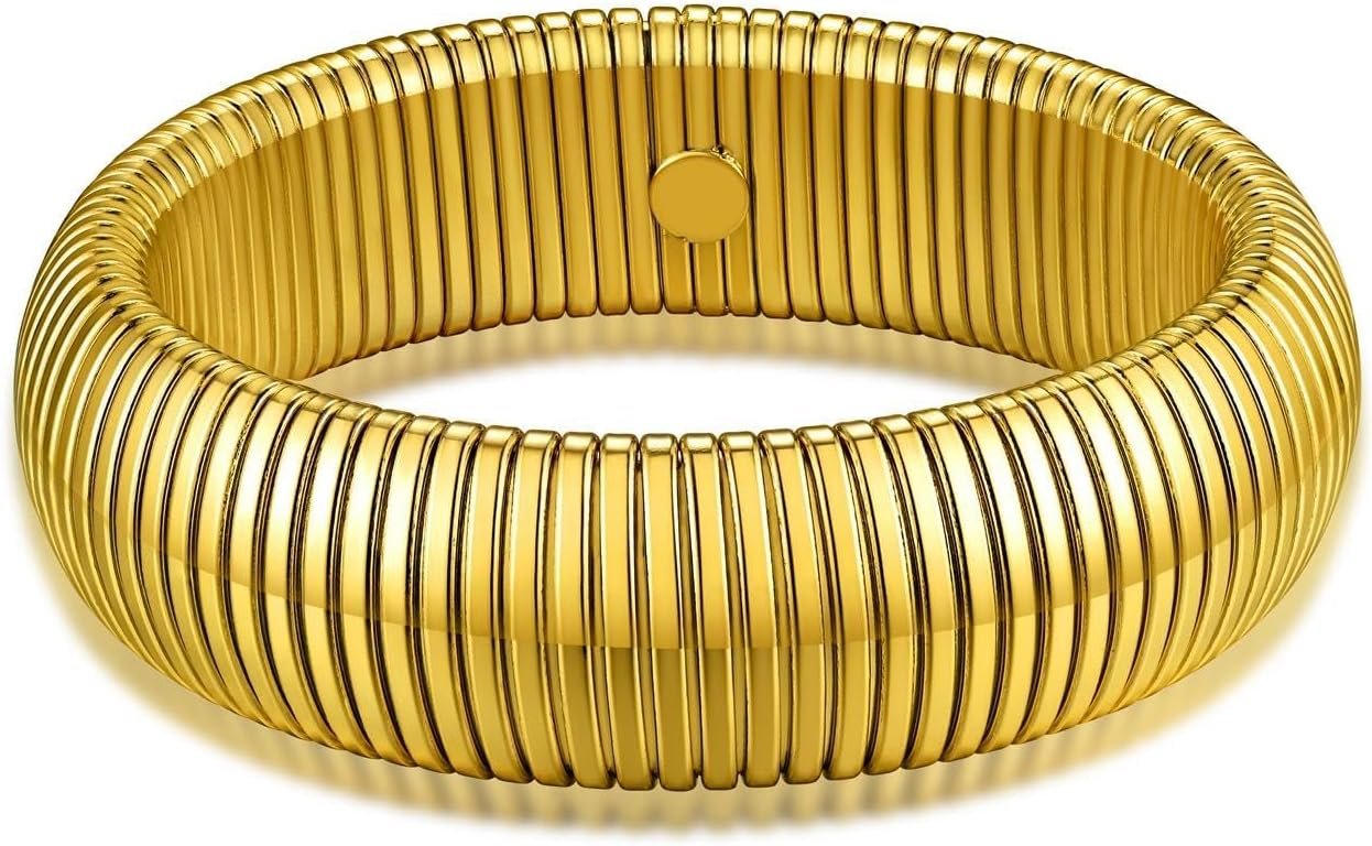 KeyStyle Bangle Bracelets for Women, Stainless Steel Stretch Bracelet Flexible Wide Link Chain Gold Wristband GoldChic Twisted Jewelry, 10mm, 16mm, 20mm