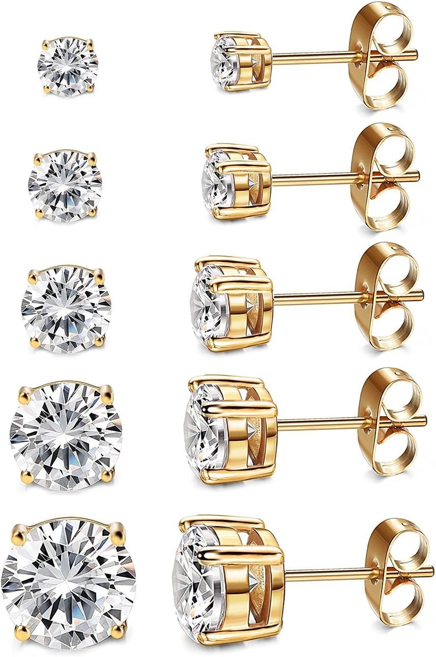 Kainier Women’s 14K Gold Plated CZ Stud Earrings Simulated Diamond Round Cubic Zirconia Ear Stud Set（5 Pairs)…