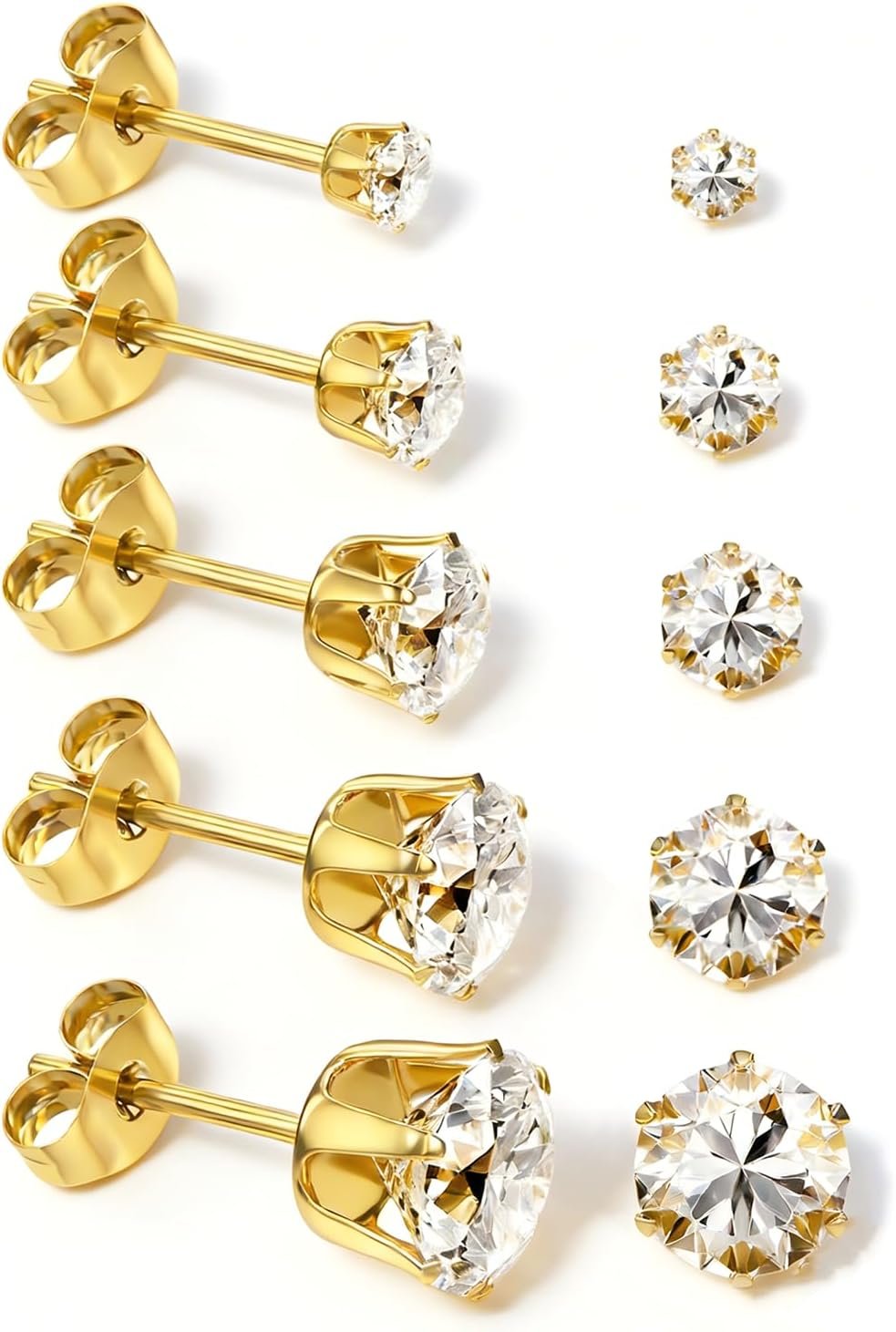 5 Pairs Stainless Steel Stud Earrings Set Silver 14K Gold Plated Stud Earrings 316L Hypoallergenic Cubic Zirconia CZ Earring for Women 3-7 mm