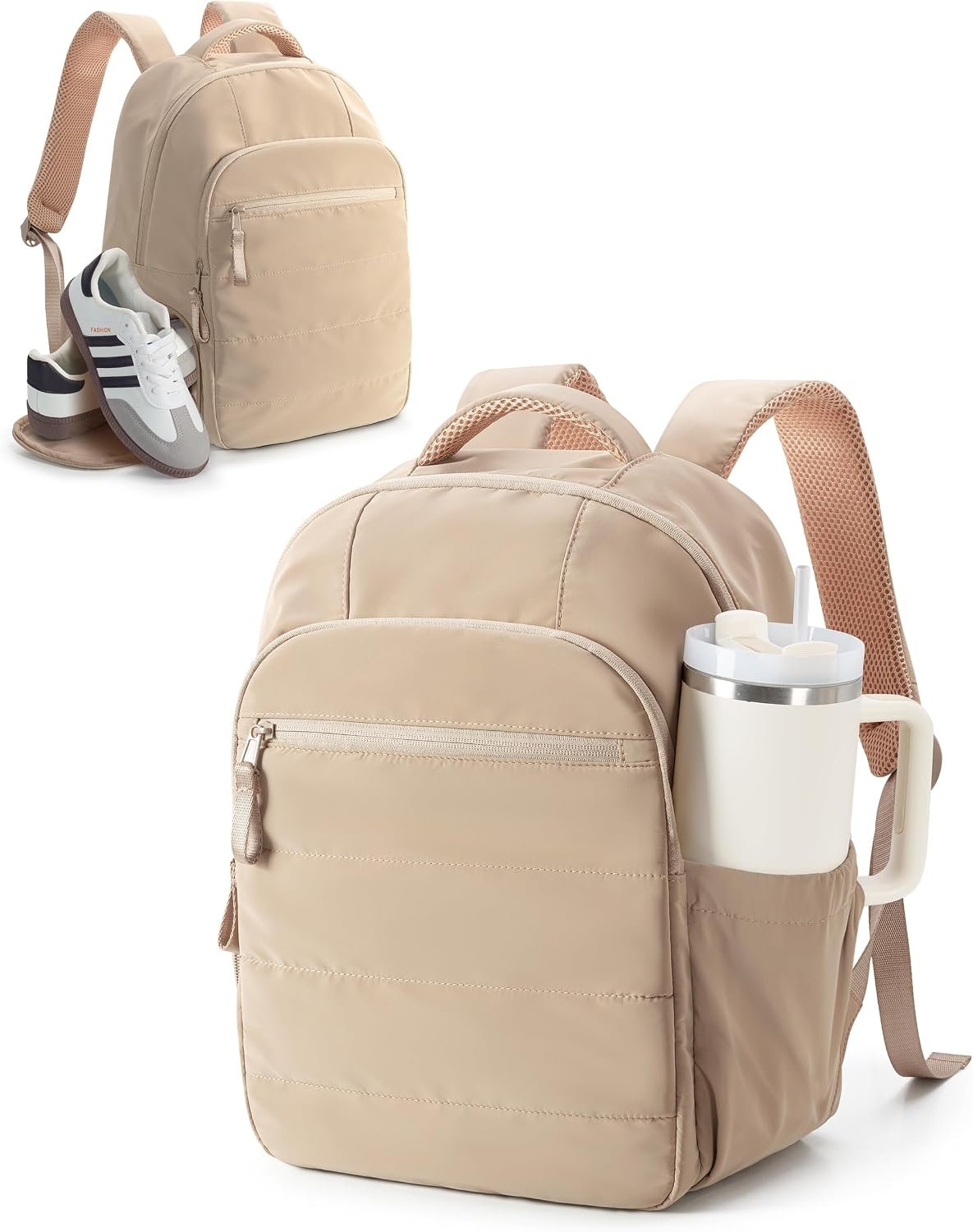 Smasrob Women Travel Backpack with Shoe Compartment and Water Bottle Holder, Fits 15.6 Inch, Water-Resistant Gym Backpack for Women, Camel