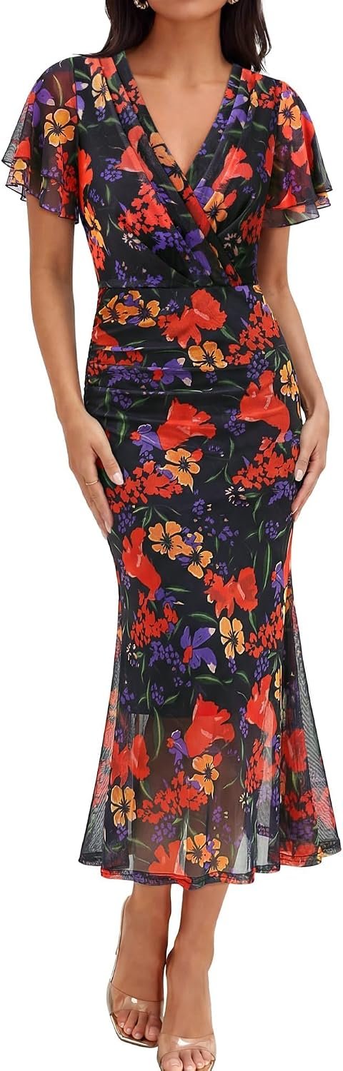 Gaharu Women’s Summer Floral Bodycon Maxi Dress 2026 Ruched Mesh Ruffle Sleeve Spring Wedding Guest Cocktail Party Dresses