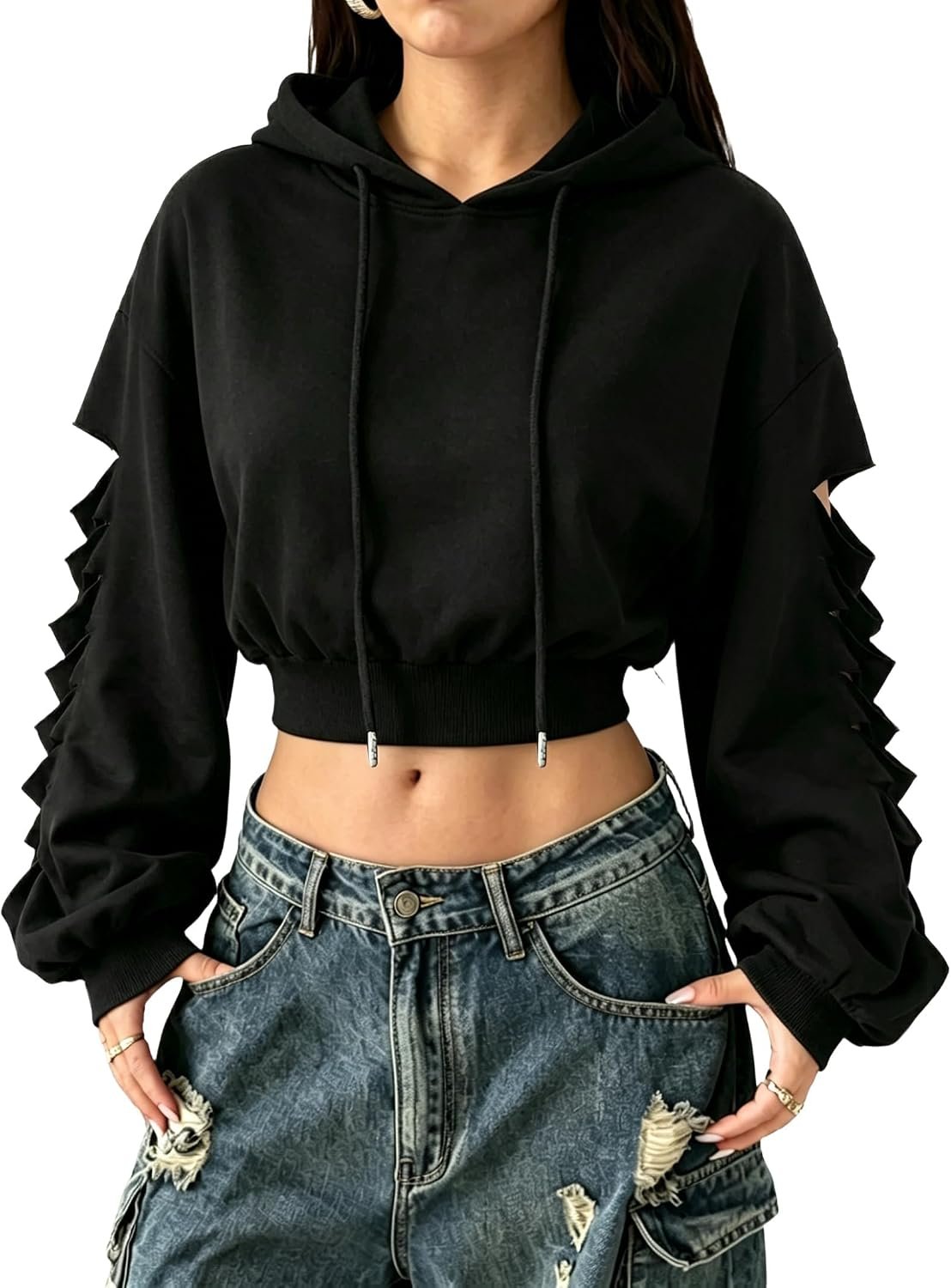 Remidoo Women’s Distressed Ripped Cropped Hoodie Cut Out Hooded Sweatshirt Long Sleeve Crop Tops