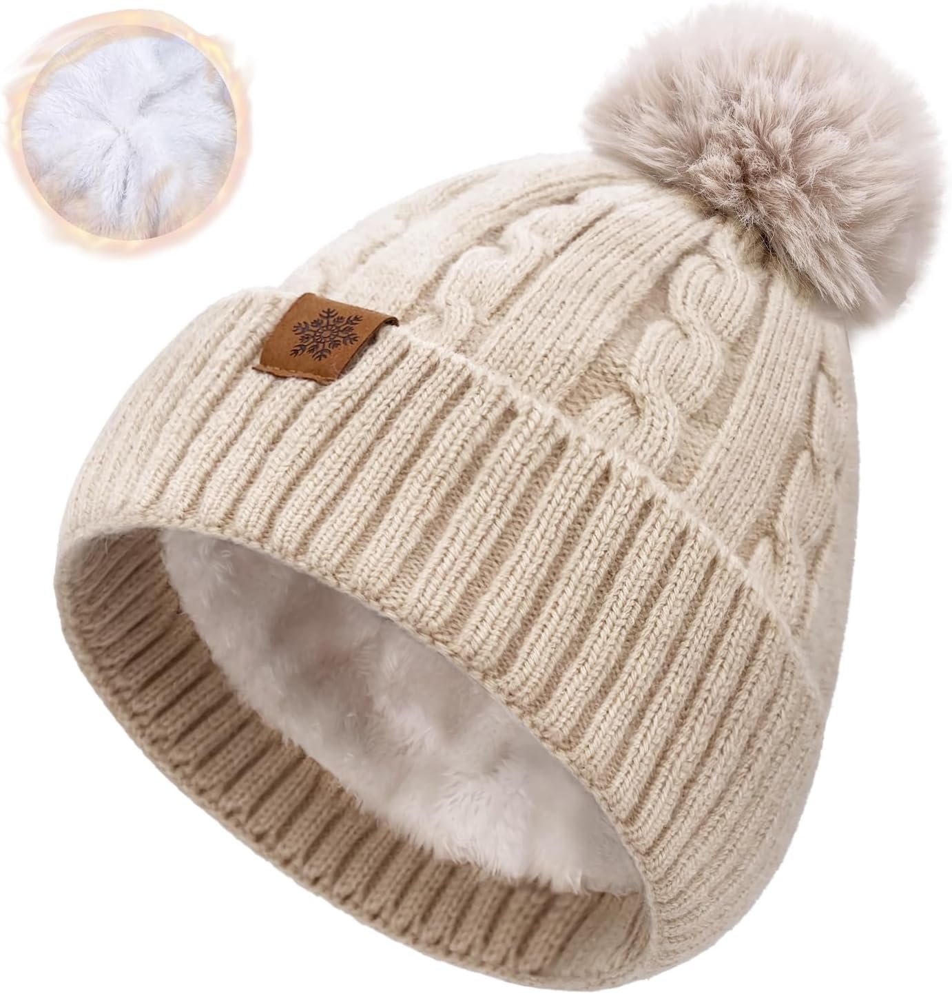 Winter Beanie Hats for Women Pom Pom Wool Cable Knit Thermal Fleece Warm Faux Fur Beanies for Cold Weather
