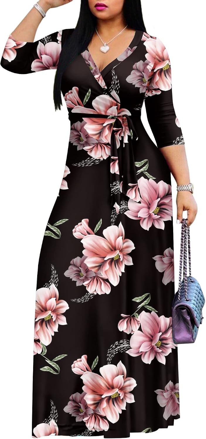 AOMONI Women’s Maxi Dresses Summer Casual Wrap Tie Waist Long Dress | Floral Print Dress With Belt,V-Neck 3/4 Sleeve Empire Waist Wrap Dresses