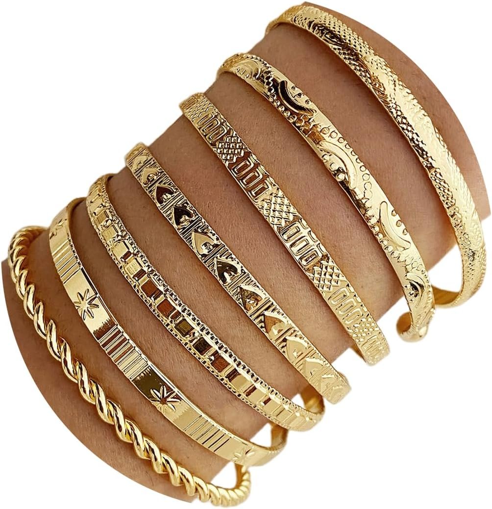 IFKM Gold Bangles Bracelets for Women 14k Gold Plated Multi Layer Stackable Cuff Bracelet Set