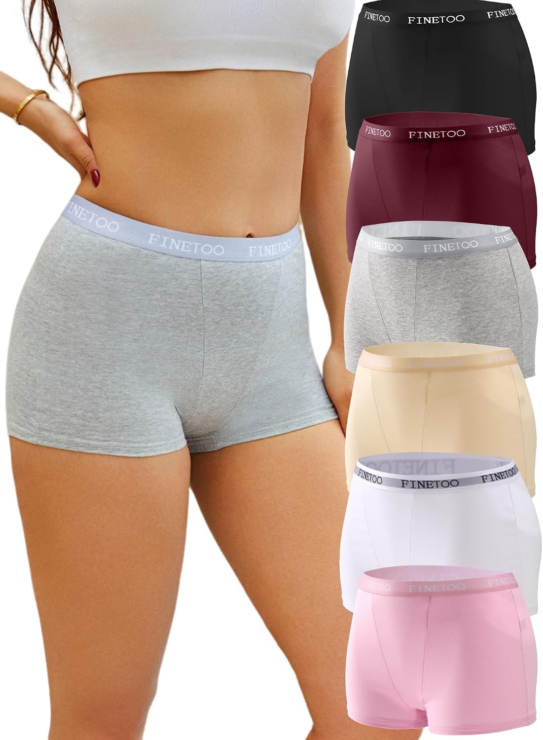 FINETOO Womens Cotton Boy Shorts Underwear Full Coverage Soft Boxer Briefs High Waisted Panties for Lady Girls 6 Pack