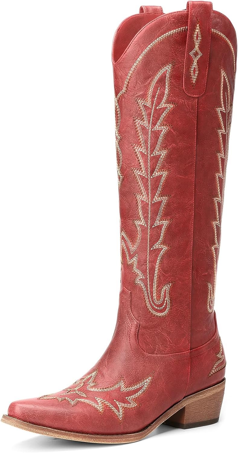 Rivalran Cowboy Boots for Women – Knee High Pointed Toe Chunky Heel Pull On Zipper Western Cowgirl Boots, Retro Country Vintage Fashion Tall Boots