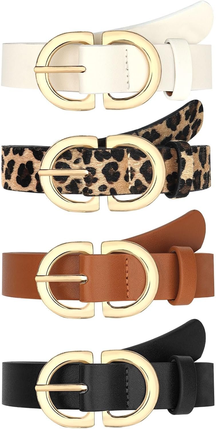 YARIEW 4 Pack Leopard Belts for Women Leather Belts for Jeans Pants Ladies Dress Belt Waist Belt with Gold Buckle