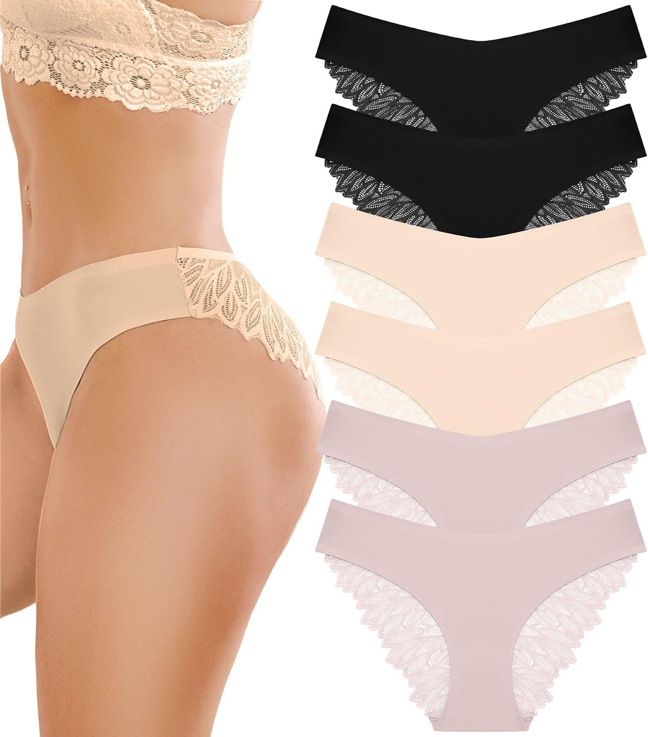 FINETOO 6 Pack Sexy Underwear for Women Silky Seamless No Show Panties Ladies Lace Bikini Lightweight Cheeky Hipster