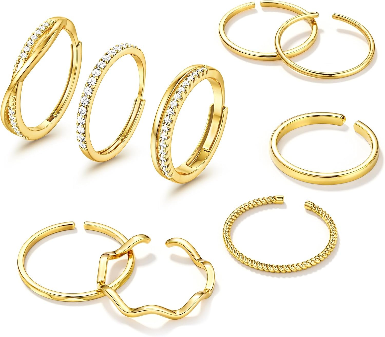 Jstyle Gold Stackable Rings for Women Non Tarnish Open Adjustable Rings Cubic Zirconia Thin Thumb Silver Ring Set 14K Gold Filled Pinky Knuckle Stacking Set – Dainty Statement Promise Band Ring Sets