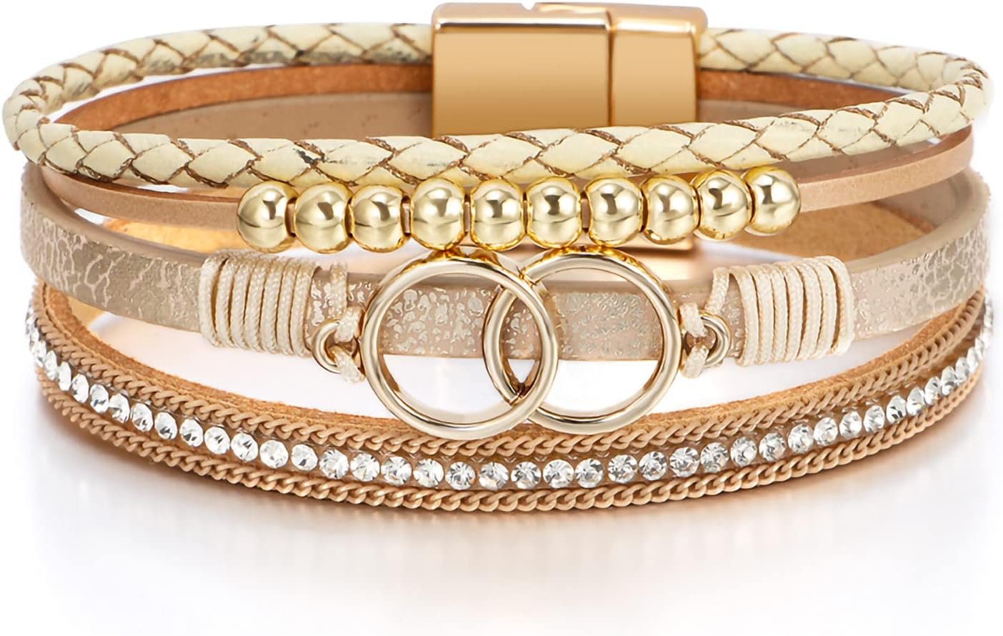 Fesciory Leopard Bracelet for Women, Boho Leather Wrap Multi-Layer Pearl Crystal Bracelet Bangle Jewelry