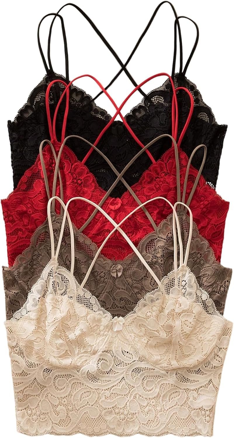 OYOANGLE Women’s 4 Pack Lace Bralettes Criss Cross Cami Bras Unlined Wireless Comfortable Everyday Bra Cute Lace Bras