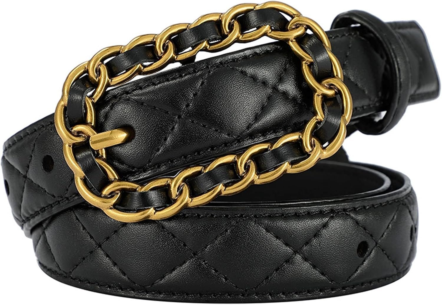 Women Fashion Quilted Belt for Dresses Jeans Pants Designer Genuine Leather Ladies Belts with Braided Chain Buckle