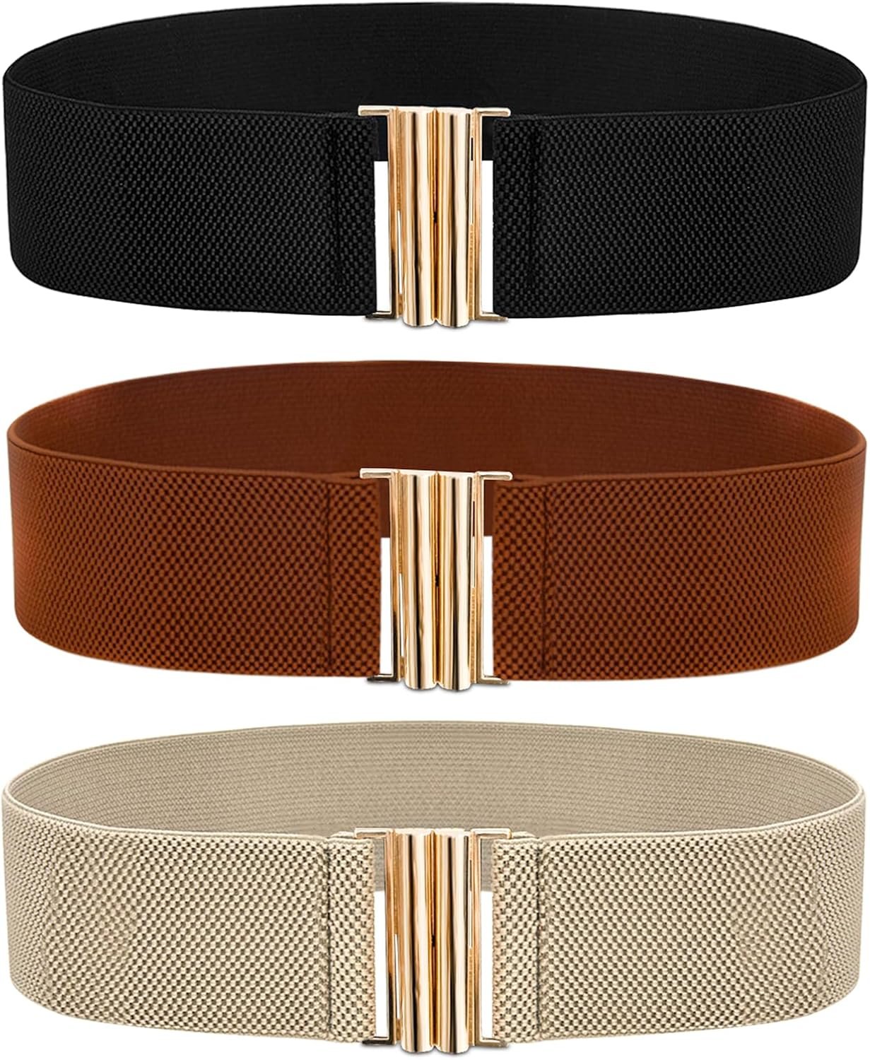 3 PCS Wide Stretchy Belt for Women Vintage Elastic Belts for Dresses Stretch Waist Belt with Golden Buckle Black Khaki Brown