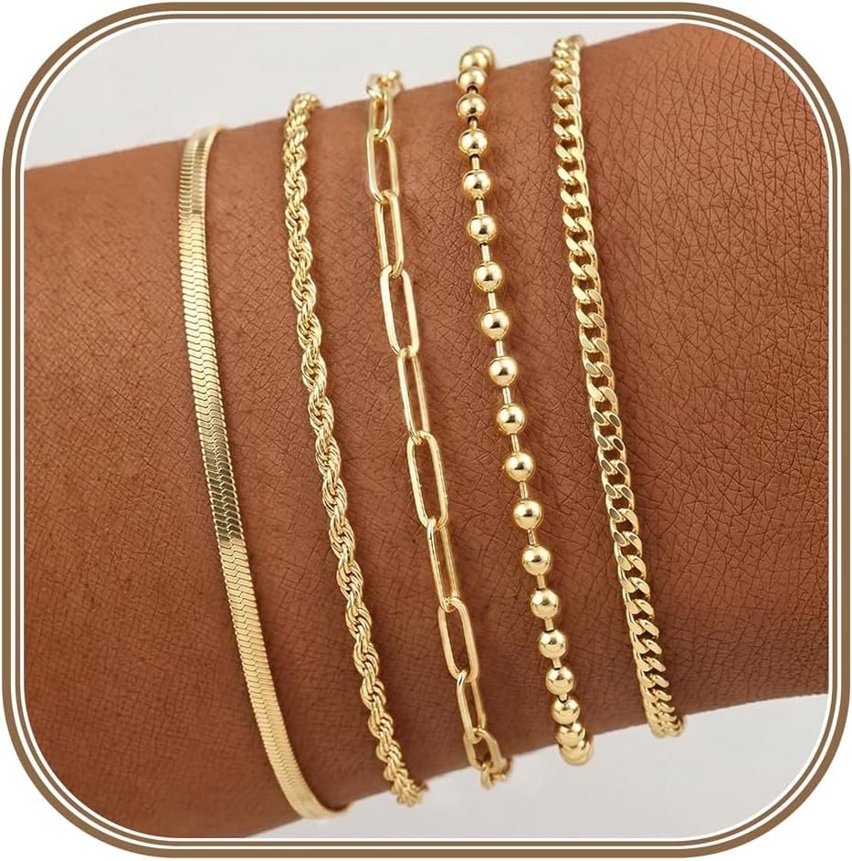 POXTEX 14K Gold Plated Bracelets for Women Waterproof, Non Tarnish Trendy Dainty Minimalist Stackable Jewelry Sets, Herringbone Cuban Paperclip Rope Bead Link Chain Stack Pack, Modern Fashion Accessories Gifts